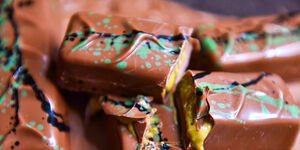 Close-up photo of chocolate bars with caramel inside