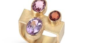 Image of a gold ring with gemstones.