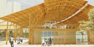 An art piece of a group of people dining at an outdoor restaurant.