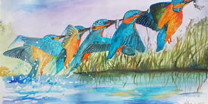 A painting of birds flying over a lake.