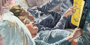 Painting of two children reading in bed.