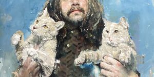 Painting of a man holding two cats.