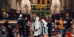 Painting of a group of people in a church by Anna Jane Massey.