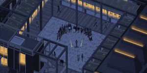 Drawing of a garden in a building.