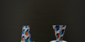 Two blue and pink ceramic vases.