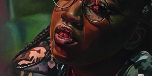 Painting of a woman in glasses and a camouflage jacket by Chloe Cox.