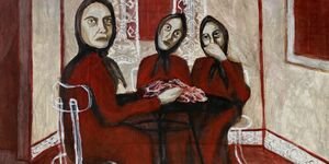 Paintin of a group of women sat at a table.