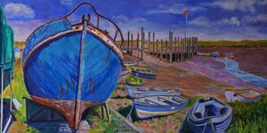 A painting of different sized boats at a lake.