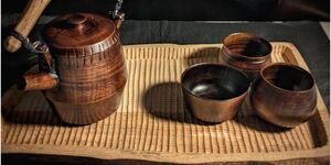 Image of a wooden tea set.