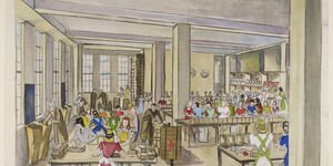 Painting of a wartime parcel room.