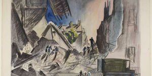 Drawing of bombed houses.