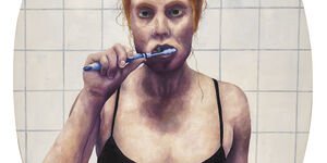 Painting of a woman brushing her teeth in the mirror.