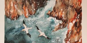 Painting of two birds flying over a river.