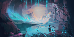 Colourful painting of mountains.