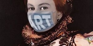 A painting of the queen wearing a mask that says 'Art'.