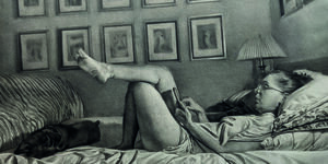 Painting of someone reading in bed.