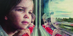 Painting of a child looking out a window.