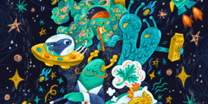 Abstract colourful painting of aliens.