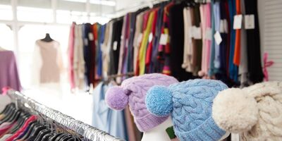 Image of Joanne's clothing racks and hats.