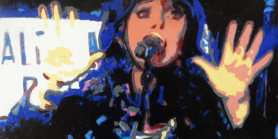 Painting of Kate Bush performing by artist Stella Tooth.