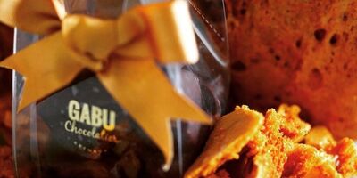 Image of honeycomb clusters with Gabu Chocolate's branding.