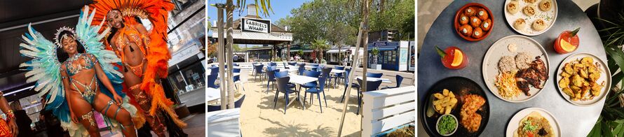 Collage of carnival dancers, a seating area and food at Limin Southbank.