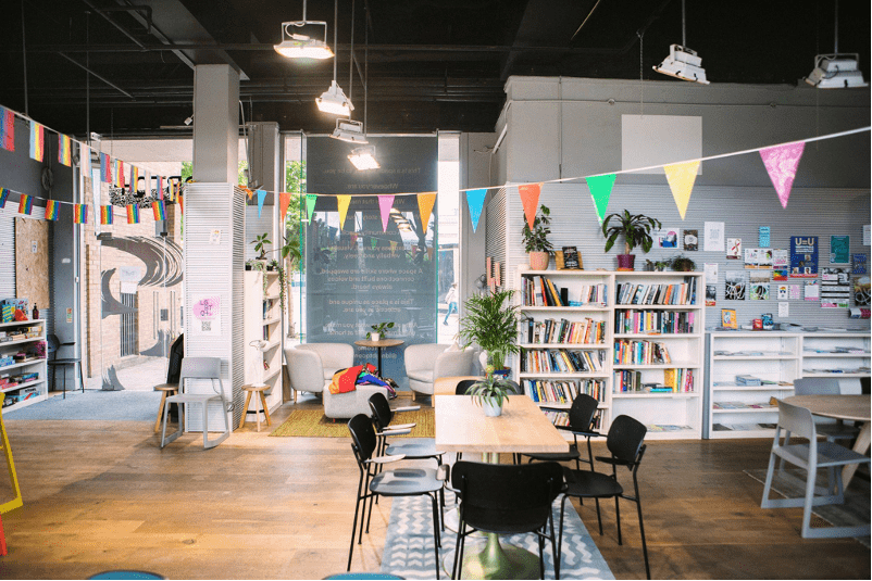 Inside the centre there are chairs, tables and colourful bunting